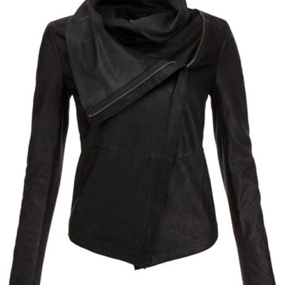 Like New Buttery Black Draped Neck Leather Bovaye Jacket - Picture 4 of 13